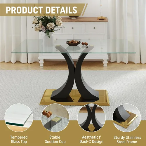 Vista 6 de Moderno juego de mesa de comedor rectangular de vidrio para 4, 63 pulgadas, mesa transparente de cocina de lujo con base negra y dorada, 4 sillas