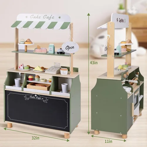 Vista 3 de Juego de madera para cafetería, tienda de comestibles de simulación con alimentos de juguete, 37 PCS Soporte realista de sessert para panadería
