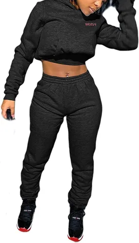 Vista 2 de Conjunto de 2 piezas para mujer, sudadera con capucha y pantalones deportivos con letras corporales impresas para otoño e invierno