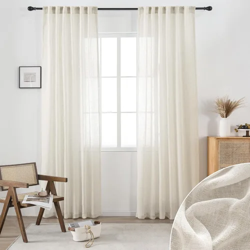 Vista 16 de 2 paneles de cortinas de lino transparente natural de 45 pulgadas, color beige para ventanas pequeñas, bolsillo con pestaña trasera, cortinas cortas
