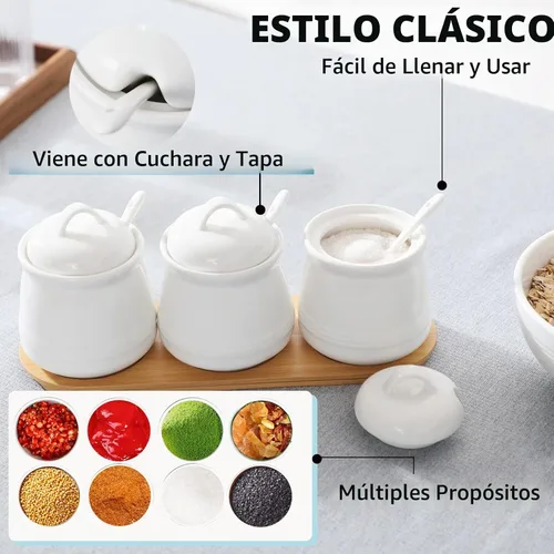 Vista 5 de Juego de 3 tarros de porcelana para condimentos con bandeja, 12 onzas, color blanco