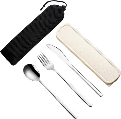 Vista 13 de VANRA Juego de utensilios de viaje portátiles de 3 piezas con estuche, juego de cubiertos de acero inoxidable 18/8, juego de cubiertos reutilizables