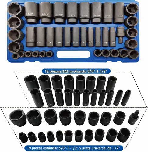 Vista 2 de MacWork 39 piezas Juego de llaves de impacto de 1/2 pulgada, acero CR-V estándar y profundo, SAE, de 3/8" a 1-1/2", junta universal de 1/2", diseño