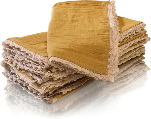 Vista 11 de FINGERCRAFT Servilletas de tela de lino y algodón de 12 unidades con esquinas ingletadas y elegante encaje para uso diario; las servilletas están