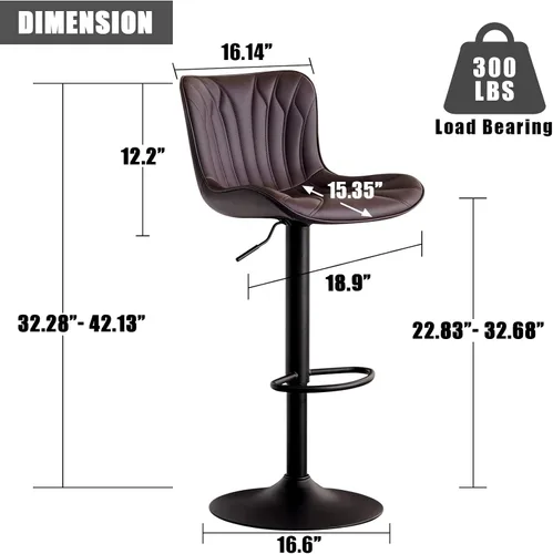 Vista 3 de YOUNIKE Juego de 2 taburetes de bar marrones modernos giratorios de altura de mostrador con respaldo alto ajustable para cocina, taburetes de bar