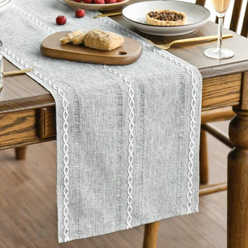 Vista 12 de Artoid Mode - Camino de mesa de lino de algodón rústico beige, decoración de mesa de cocina y comedor con bordado de temporada, para decoración