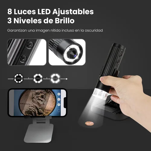 Vista 5 de Microscopio digital inalámbrico M2C 50X-1000X Microscopio portátil de mano 1080P HD con soporte ajustable, mini microscopio USB para monedas, lupa