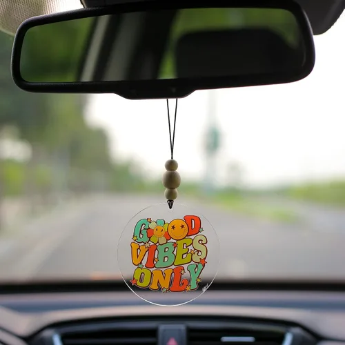 Vista 3 de Talataca Good Vibes Only - Adorno plano 2D para automóvil y cuentas de madera, retro vintage feliz cara sonriente con cuentas accesorios para espejo