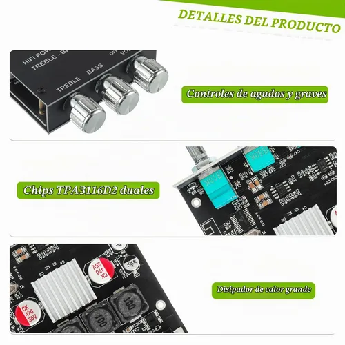 Vista 2 de Placa de amplificador Bluetooth de 50W+50W con control de agudos y graves, chips TPA3116D2, DC 9-24V, entradas BT y AUX, amplificador estéreo de 2.0