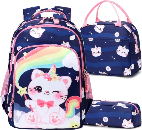 Vista 66 de Juego de mochila para niñas y adolescentes, mochila escolar para niños con bolsa para el almuerzo, estuche para lápices, mochilas escolares