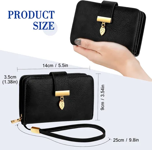Vista 5 de Cartera pequeña con bloqueo RFID para mujer, de cuero, compacta, plegable, con 18 ranuras para tarjetas, con bolsillo para monedas, Negro