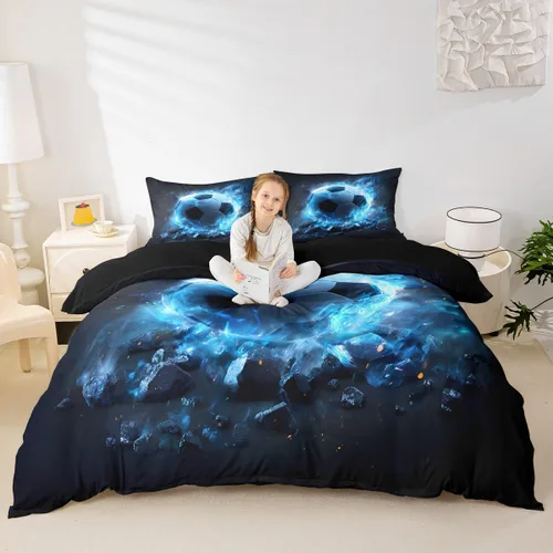 Vista 10 de jejeloiu Juego de ropa de cama de fútbol para niños, tamaño individual, juego de funda de edredón de fútbol para niños y niñas, funda de edredón