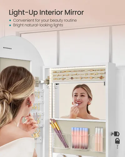 Vista 6 de SONGMICS Organizador ancho de joyas, armario LED para joyas montado en la pared/puerta, espejo arqueado con almacenamiento, con cerradura, esquina