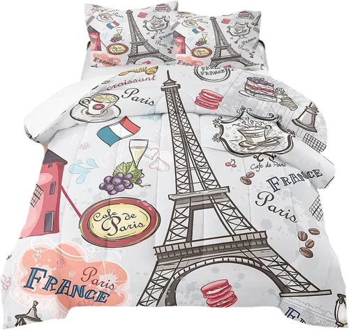 Vista 9 de Suncloris Paris - Juego de edredón Queen de la Torre Eiffel, fundas de almohada de hojas de arce para parejas (rojo, Queen)