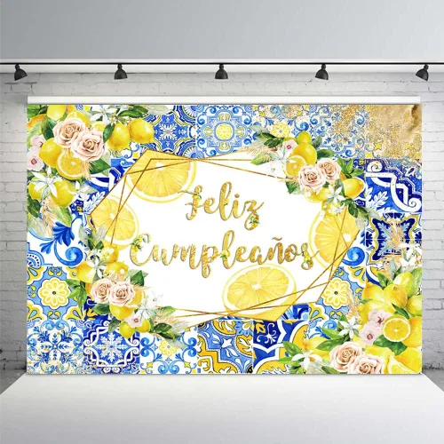 Vista 7 de MEHOFOND Telón de fondo de limón con diseño de feliz cumpleaños, azulejos azules, fondo mediterráneo de Marruecos, decoración de fiesta