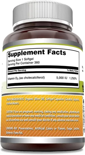 Vista 2 de Amazing Formulas Vitamina D3 en aceite de oliva Suplemento de 5000 UI, cápsulas blandas, sin OMG, sin gluten, fabricado en Estados Unidos