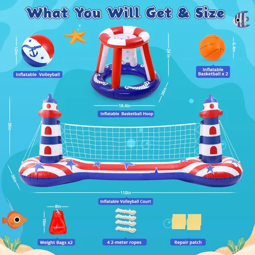 Vista 7 de EagleStone Juego de flotador inflable para piscina con red de voleibol y aro de baloncesto, juegos acuáticos flotantes 2 en 1 para niños y adultos