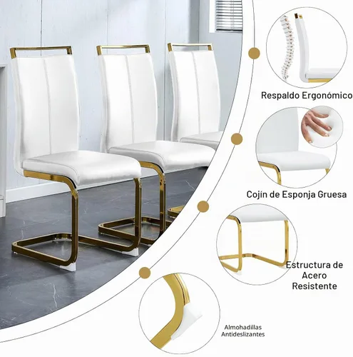 Vista 5 de Ebullient Juego de mesa de comedor para 4, mesa de comedor rectangular y sillas de comedor de piel sintética blanca, juego de mesa de comedor de 5