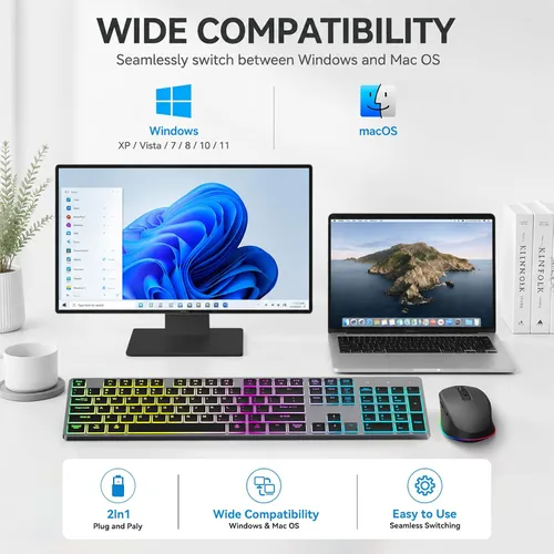 Vista 12 de Teclado inalámbrico silencioso y mouse retroiluminado, combo de teclado plano silencioso recargable, mouse Jiggle, mouse delgado inalámbrico de 2.4