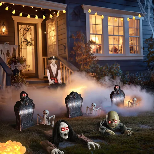 Vista 2 de AW Lápida animada de Halloween de 15 pulgadas y medio esqueleto con bebé gateando de 8 pulgadas