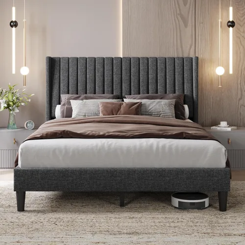 Vista 13 de Yaheetech Base de cama individual tapizada con cabecera de tela, diseño de borde de ala, antideslizante y sin ruido, soporte de listones de madera