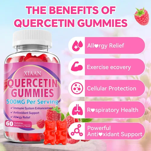 Vista 4 de Gomitas de quercetina de 500 mg para niños y adultos, suplementos de quercetina orgánica con bromelina, zinc, vitamina C y D3, antioxidante y salud