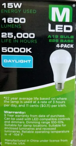 Vista 3 de Maxlite Paquete de 4 bombillas LED regulables A19 de 100 W, luz diurna 5000 K, color blanco