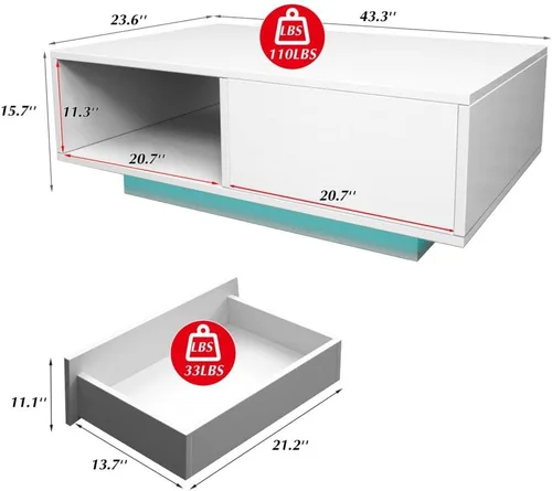 Vista 2 de COSVALVE Mesa de centro LED blanca brillante con 16 luces de colores, mesa auxiliar para sala de estar, moderna mesa de sofá brillante con cajón