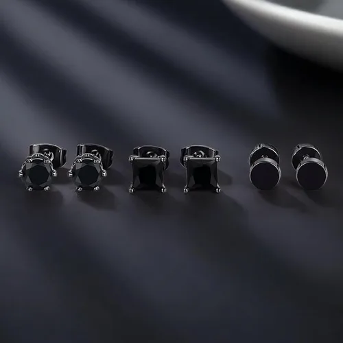Vista 5 de 3 pares de aretes hipoalergénicos de circonita cúbica negra para hombres y mujeres, chapados en oro, cuadrados y redondos, aretes para orejas
