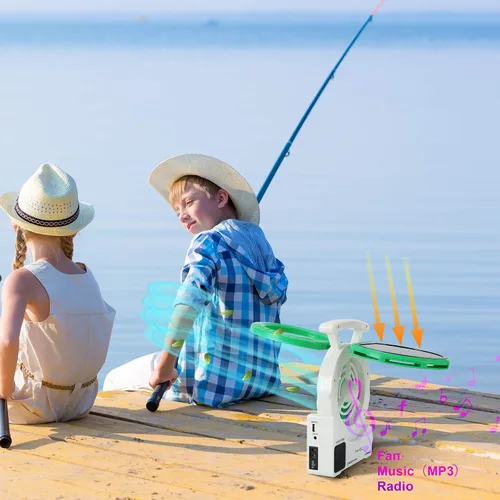 Vista 2 de Ventilador solar multifunción, ventilador eléctrico de camping al aire libre de 4000 mAh con panel solar, MP3/lámpara de mesa/antorcha/función