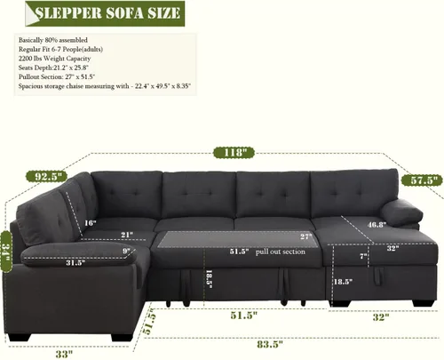 Vista 2 de asunflower Sofá cama modular con almacenamiento de 118 pulgadas, sofás seccionales en forma de U para sala de estar, sofá cama de gran tamaño de 6 a