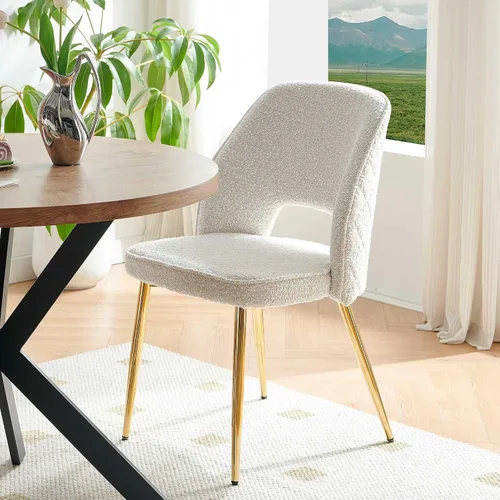Vista 4 de NORDICANA Juego de 2 sillas de comedor modernas, sillas acentuadas tapizadas en beige bouclé con patas doradas de metal, sillas laterales