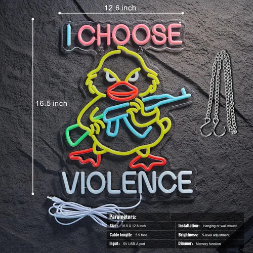 Vista 5 de Letrero de neón con texto en inglés "I Choose Violence Duck - Pistola de ganso con luz LED AK 47, decoración con USB, regulables, para pub, tienda