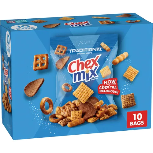 Vista 20 de Chex Mix Mezcla de aperitivos, cheddar, bolsas de aperitivos salados, paquete múltiple, 1.75 onzas, 10 unidades Corn & Wheat Chex, Cheese Crackers