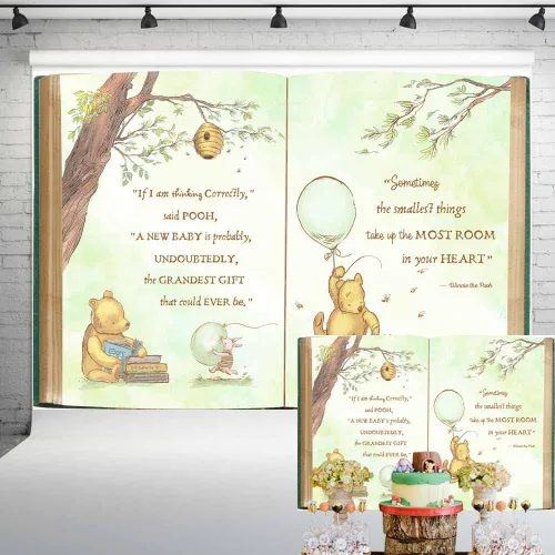 Vista 4 de Fondo vintage Pooh Bear Baby Shower Género Neutral Retro Libro Gigante Árbol Primavera Fondo Clásico Recién Nacido Cita Globo Verde Banner 5x3 ft 144