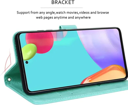 Vista 5 de Funda diseñada para Samsung Galaxy A13 5G, correa de muñeca con función atril y función atril, de piel sintética, con ranuras para tarjetas