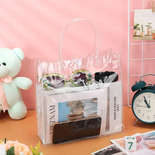 Vista 4 de Reginary 85 bolsas de regalo de PVC transparente con asas de 6.89 x 6.89 x 3.54 pulgadas, bolsas de plástico transparente reutilizables a granel