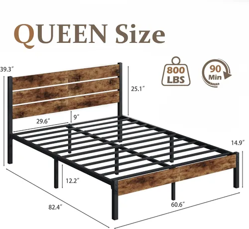 Vista 2 de Lifezone Base de cama Queen con cabecero y estribo, marco de cama de metal Queen con almacenamiento debajo de la cama, sistema de soporte de metal