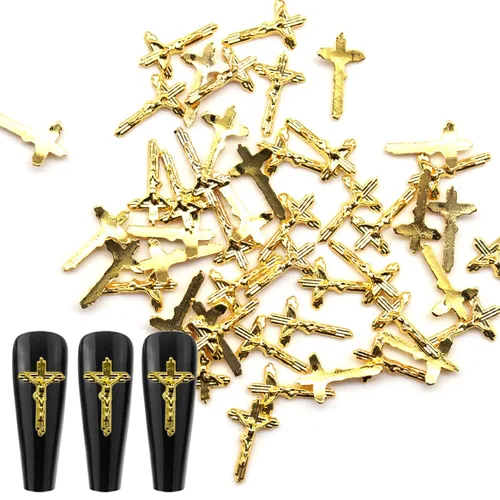 Vista 4 de WOKOTO 100 dijes de uñas de crucifijo dorado 3D para arte de uñas 3D, dijes de uñas de metal dorado para decoración de uñas, accesorios de bricolaje