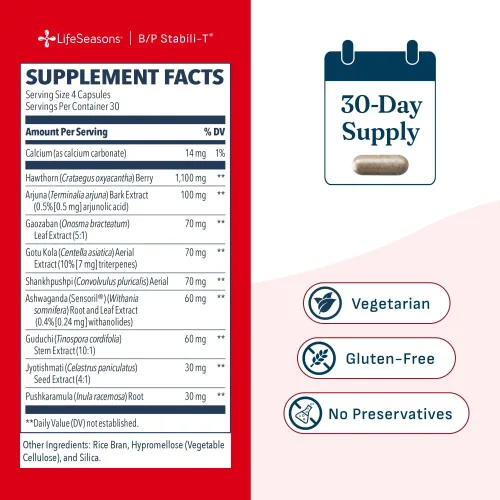 Vista 5 de LifeSeasons B/P Stabili-T - Apoya la salud cardiovascular y la circulación de la sangre - con Ashwagandha, baya de espino - 120 cápsulas