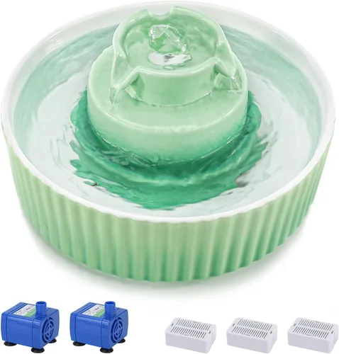 Vista 11 de Fuente de agua de cerámica para gatos Lawfery, fuente de gato de 2.1L/71oz con 3 filtros de carbón y 2 bombas de agua, fuente de agua para mascotas