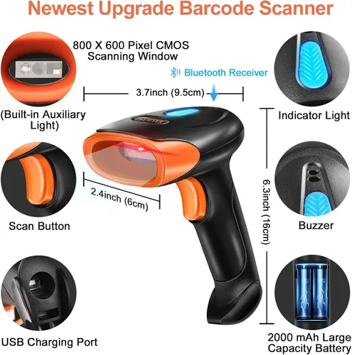 Vista 2 de KUIIYER Escáner de Código de Barras Bluetooth, Escáneres de Códigos de Barras Inalámbricos 2D QR 1D de Mano, Lector de Código de Barras con CMOS