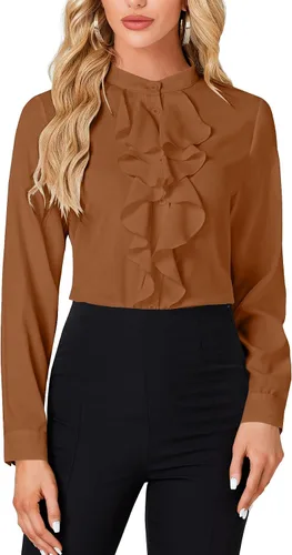 Vista 20 de LYANER - Blusa de cuello alto con botones, volantes en el frente, manga larga, camisa de trabajo para mujer