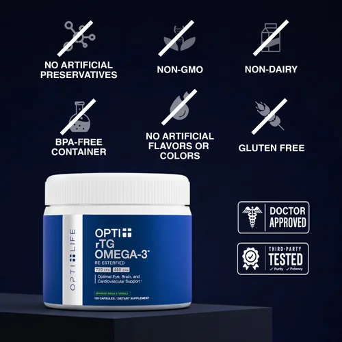 Vista 3 de Opti + Omega 3 Aceite de pescado EPA DHA, apoyo para las articulaciones del cerebro del corazón* Formulado por médicos Uso diario Omega 3 DHA