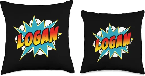 Vista 3 de Boys Logan Comic Book Superhero Name Almohada de 16 x 16 pulgadas, multicolor