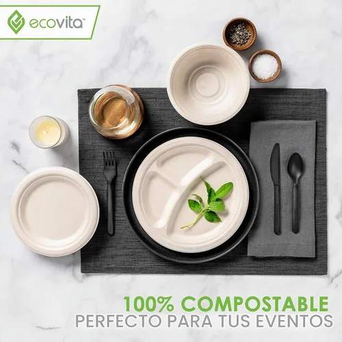 Vista 6 de Platos de papel 100 % compostables [9 pulgadas] Compartimentos – 150 platos desechables ecológicos, resistentes, libres de árboles, líquidos
