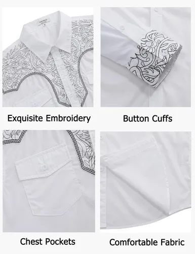 Vista 6 de TURETRENDY Camisa vaquera occidental para hombre, de manga larga, de algodón, bordada, informal, con botones, con bolsillos