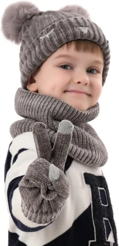 Vista 6 de Toddler Boys Girls Winter Warm Knit Beanie Hat Neck Scarf Touchscreen Gloves with Fleece Lined Cap for 3-10 Year Kid Gifts