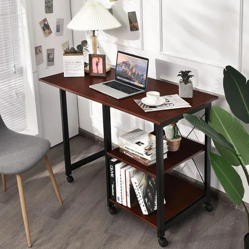 Vista 2 de Tangkula Escritorio plegable móvil para computadora, escritorio moderno con estantes de almacenamiento de 2 niveles, escritorio de estudio