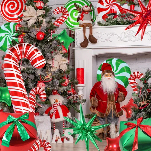 Vista 6 de 32 globos de papel de aluminio de Navidad, globos grandes de remolino de bastón de caramelo, globos de papel de aluminio de estrella y cajas